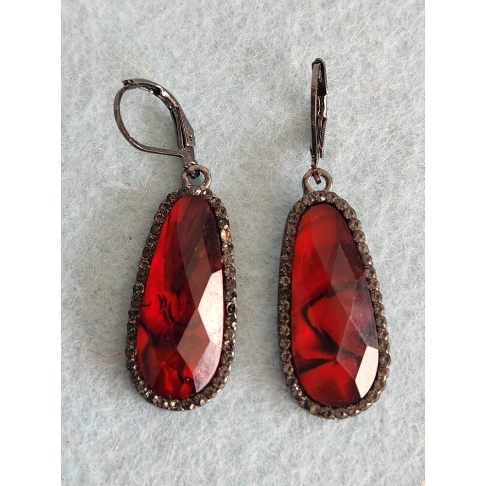 MINT Vtg Red Dragon's Breath Glass Drop Earrings Gunmetal Goth Y2K Mexican Opal